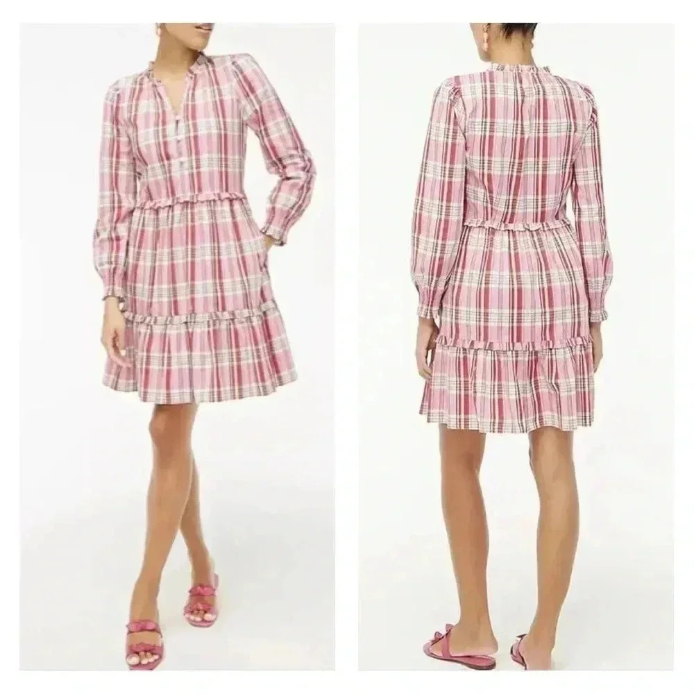 J Crew Plaid Ruffle Trim Long Sleeve Mini Dress Preppy Casual